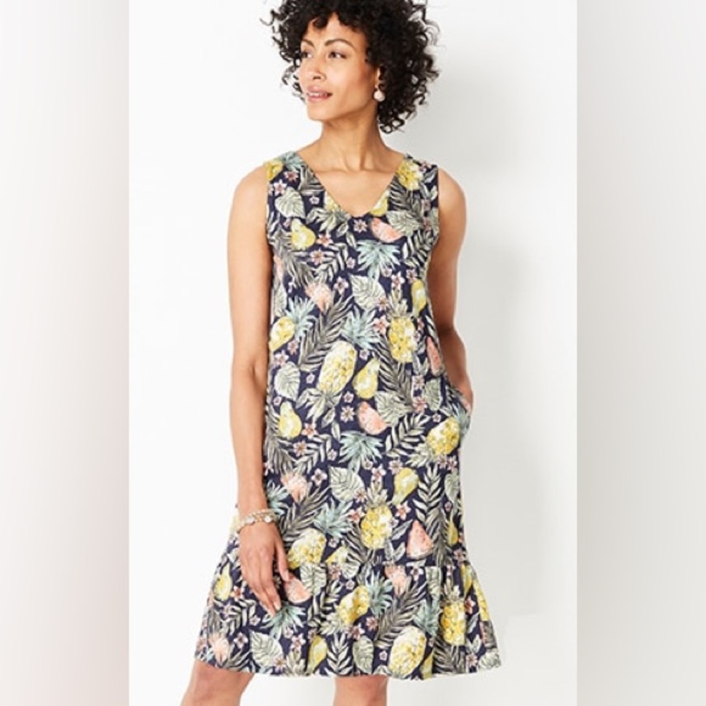 J Jill Fruit Print Flounce Hem Double V Neck Knit Summer Dress women’s Small